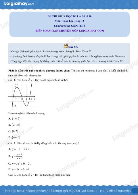 Đề thi giữa kì 1 Toán 12 - Đề số 10